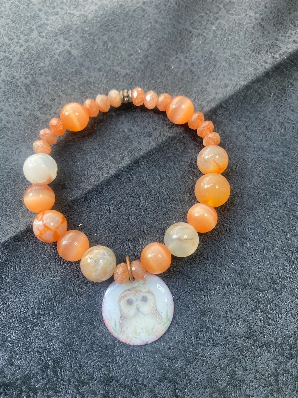 Handmade Translucent Orange Agate Bead Stretch Bracelet with Owl Pendant